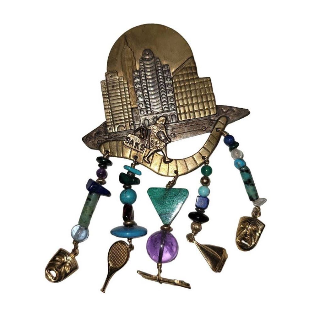 Saks STERLING New York Brooch Stones Theatre Masks Tennis Racquet Airplane boat